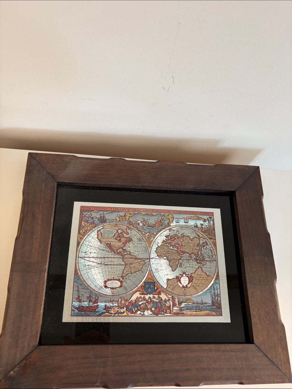 Vintage Metal Etching Old World Map in Dark Wood Frame
